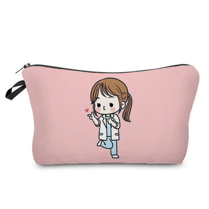 Cartoon Nurse Printed Makeup Bag - Foldable & High Capacity