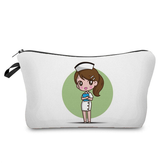 Cartoon Nurse Printed Makeup Bag - Foldable & High Capacity