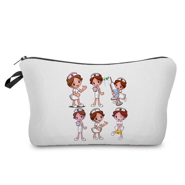 Cartoon Nurse Printed Makeup Bag - Foldable & High Capacity