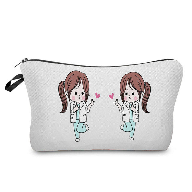 Cartoon Nurse Printed Makeup Bag - Foldable & High Capacity