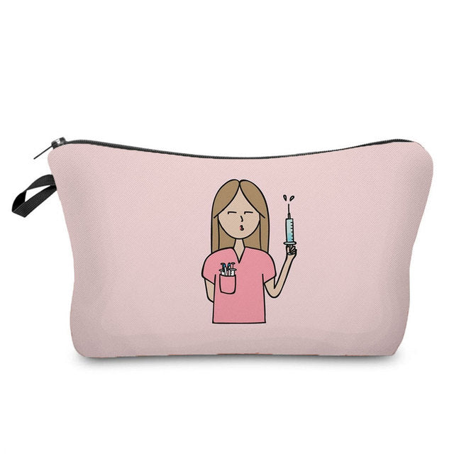 Cartoon Nurse Printed Makeup Bag - Foldable & High Capacity